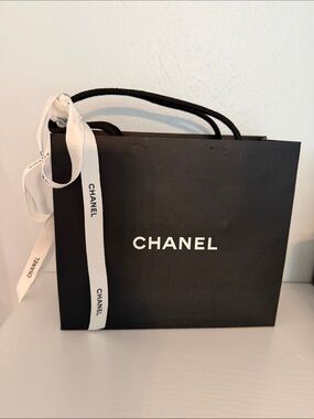 CHANEL Black Shopping Bag with White Logo and Ribbon